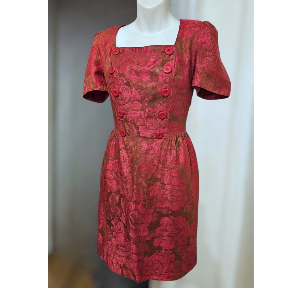 Vintage Albert Nipon Linen Brocade Dress Puffed Sleeves Floral Red